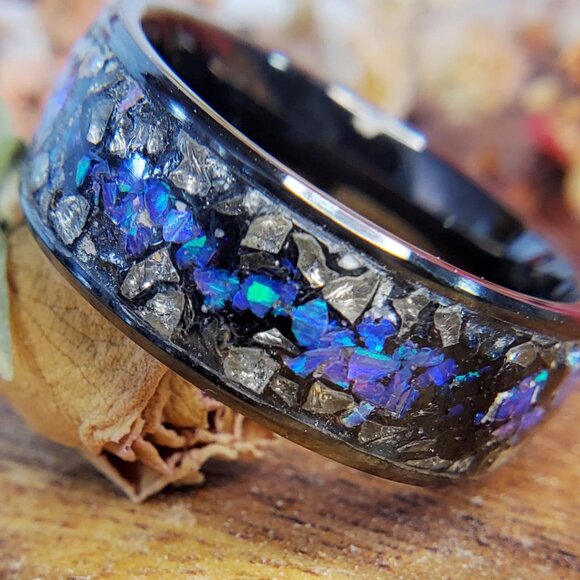 "Pathway" Ring with Blue Opal & Black/Silver Stones - Picture 1 of 6